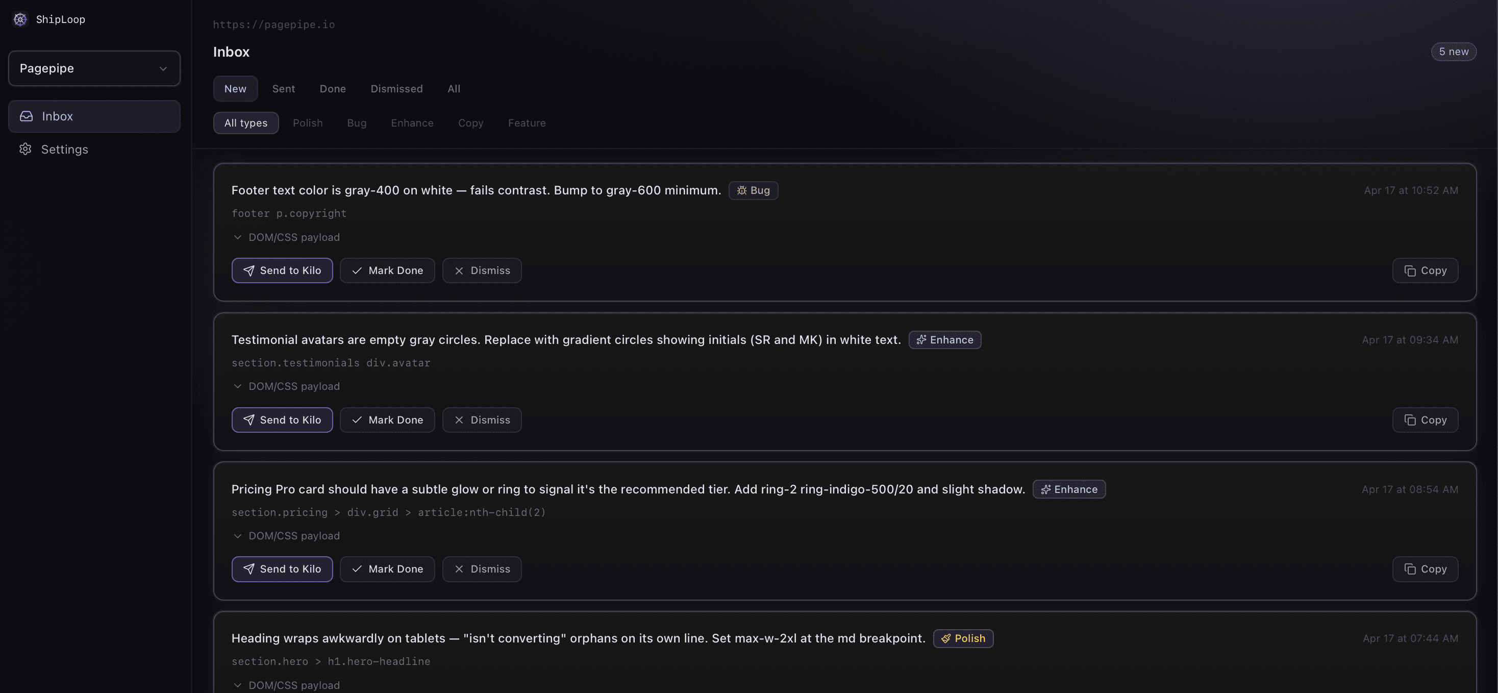 ShipLoop dashboard showing auto-triaged submissions with type and size tags